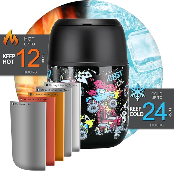 17 oz Insulated Lunch Containers Hot Food Jar, Wide Mouth Lunch Thermo for Kids Adults, Vacuum Stainless Steel Lunch Box With Handle Folding Spoon for School, Office Black - Car-BubblyBeeBaby