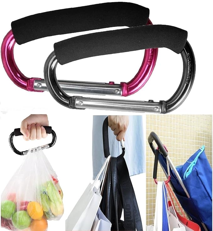 Large Stroller Hooks for Mommy, 2 pcs Carabiner Stroller Hook Organizer for Hanging Purses, Diaper Bag, Shopping Bags. Clip Fits Single/Twin Travel Systems, Car Seats (Black+Rose)-BubblyBeeBaby