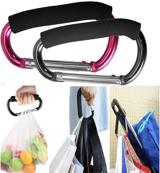 Large Stroller Hooks for Mommy, 2 pcs Carabiner Stroller Hook Organizer for Hanging Purses, Diaper Bag, Shopping Bags. Clip Fits Single/Twin Travel Systems, Car Seats (Black+Rose)-BubblyBeeBaby