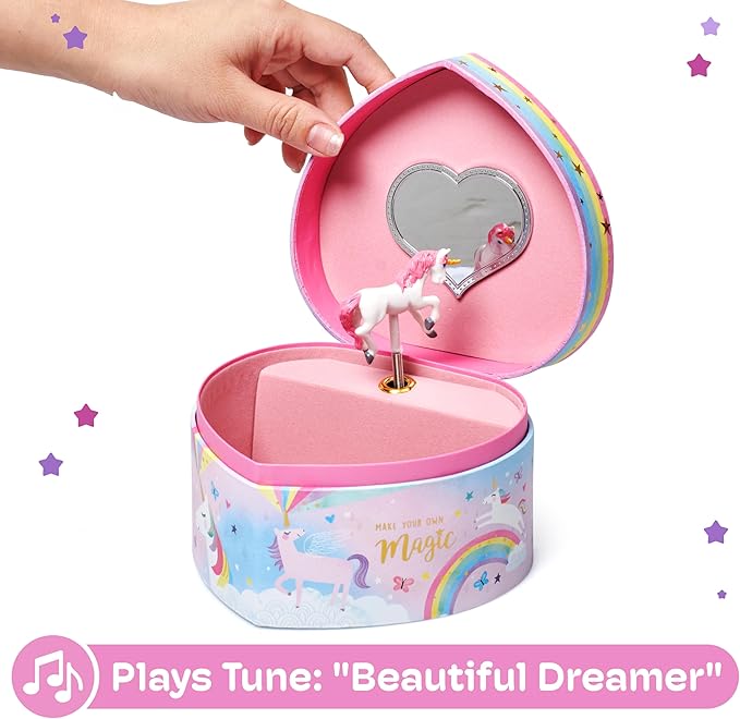 Jewelkeeper Music Jewelry Box for Girls - Sturdy Plastic with Fancy Mirror Twirling Unicorn Figurine and Flocked Lining - Kids Jewelry Box for Secrets and Keepsakes - Heart Shaped Unicorn Print-BubblyBeeBaby
