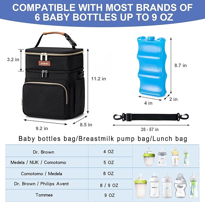 Insulated Breastmilk Cooler Bag with Ice Pack - Holds 6x9oz Bottles, Leakproof Double Layer, Baby Bottle Cooler Bag with Adjustable Strap for Nursing Moms, Daycare & Travel-BubblyBeeBaby