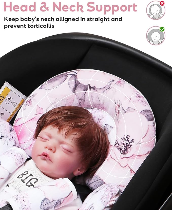 Infant Car Seat Insert, Enlarged Head Support for Baby Carseat, Reversible Newborn Insert with 3 Strap Covers, 2-in-1 Baby Car Seat Cushion for Stroller, Swing, Bouncer, Rocker - Pink Floral-BubblyBeeBaby