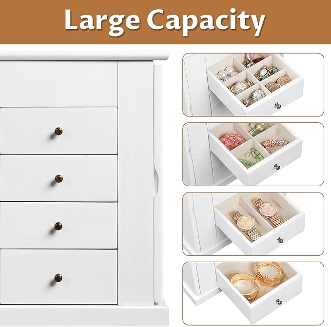 Jewelry Box for Women, 5 Layer Large Wood Jewelry Boxes & Organizers for Necklaces Earrings Rings Bracelets, Rustic Jewelry Organizer Box with Drawers and Mirror (Vintage White)-BubblyBeeBaby