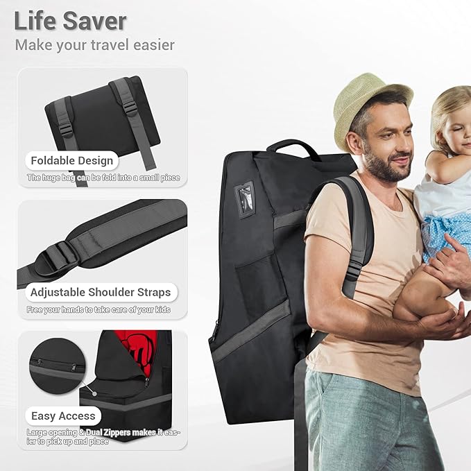 Car Seat Travel Bag - Padded, Comfortable, Durable, Roomy Gate Check Carseat Cover Backpack Fits 3-in-1，Convertible, Booster & Infant Car Seats for Airplane, Airport, Gray-BubblyBeeBaby