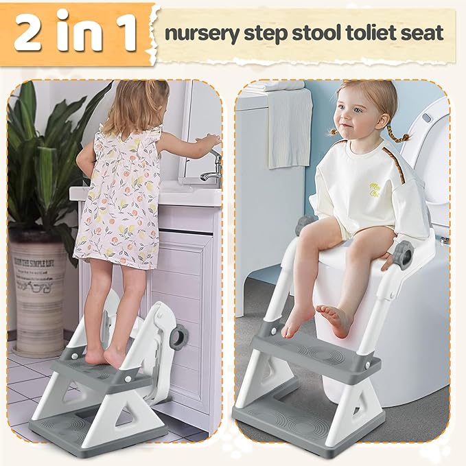 2 In 1 Potty Training Toilet Seat & Toddler Step Stool, Bottom Triangle Stability Toddler Toilet Seat, Adjustable Step & Seat Height Potty Seats (Grey)-BubblyBeeBaby