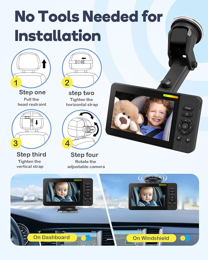 Wireless Baby Car Camera, HD 1080P Car Baby Monitor with Night Vision, Easy Install Backseat Camera for Kids, 360 Degree Rotatable Rear Facing Car Seat Mirror for Home, Baby, Pet-BubblyBeeBaby