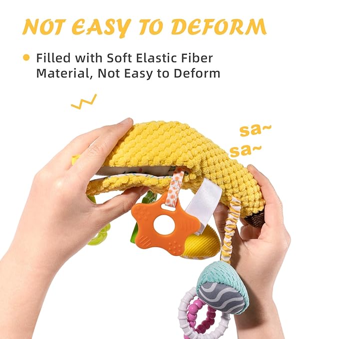 Jollybaby Stroller Rattle Toys for Car Seat Parm, Fruit Plush Hanging Infant Crib Bed Travel Activity Ring Bell with Crinkle, Squeaky & Teether for Boys Girls(Banana)-BubblyBeeBaby