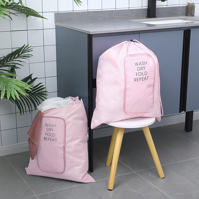 2 Pcs Travel Laundry Bag Washable Dirty Clothes Bag with Drawstring and Zipper for Suitcase, 22 x 18 Inch (Pink,Classic)-BubblyBeeBaby