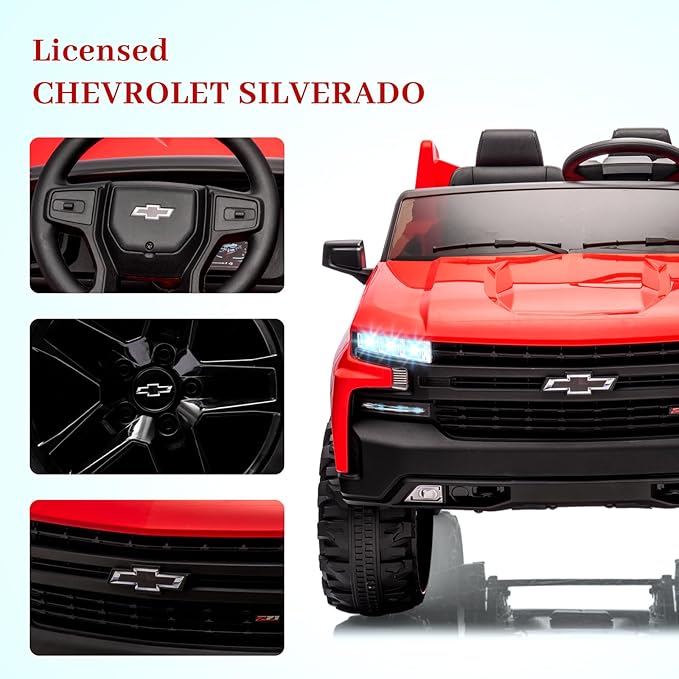 Hetoy 24V 2-Seater Truck Licensed Chevrolet Silverado Ride On Car Toy w/Parent Remote Control,4xSpring Suspension, 3 Speeds, Wireless Music, MP3 Player, Electric Vehicle Car for Kids, Red-BubblyBeeBaby