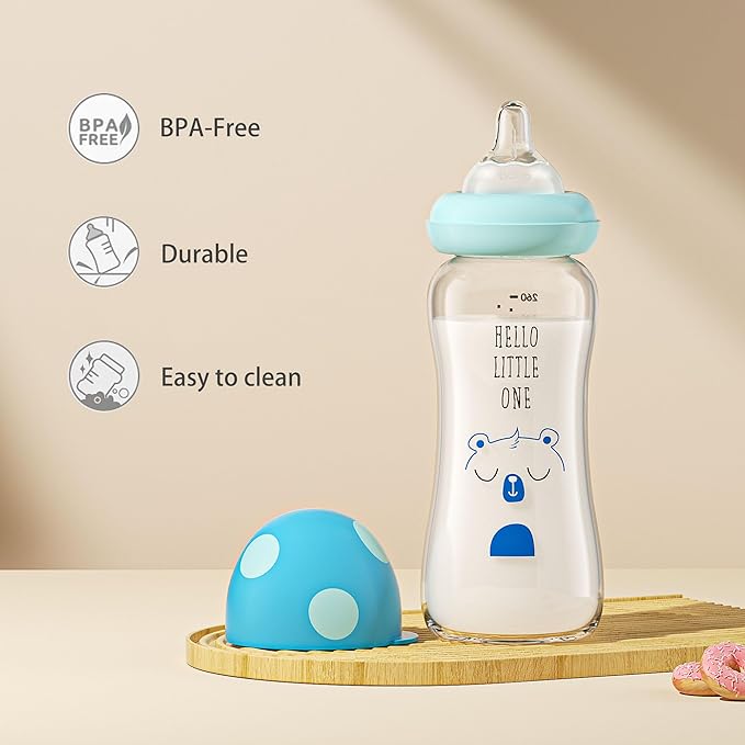 YOHKOH Natural Glass Baby Bottle with Natural Response Nipple, Newborn Anti-Colic Baby Bottles, Wide Neck Mushroom Cap Baby Bottle, Clear (8.8ounce (Pack of 2), Blue1)-BubblyBeeBaby