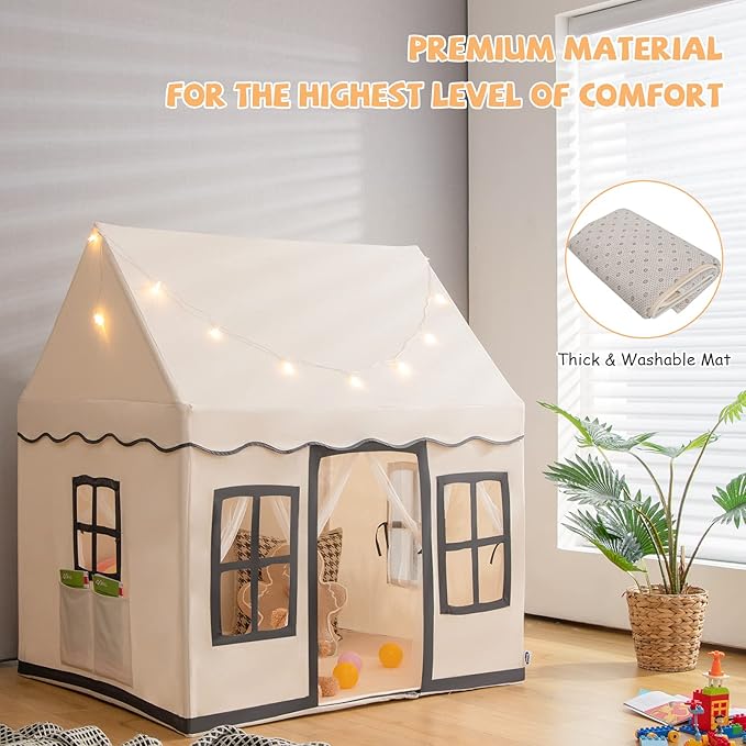 INFANS Kids Play Tent with Washable Mat Star Light Windows, Anti-Trip Large Playhouse Toys for Children Boys Girls, Indoor Outdoor Princess Tents Castle for Toddlers (Black)-BubblyBeeBaby