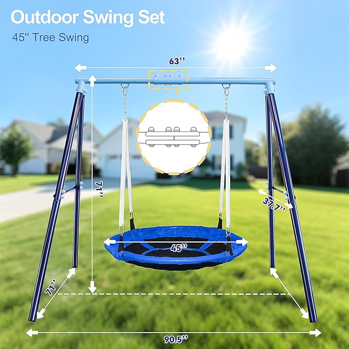 Heavy Duty 500lbs Saucer Swing Set - Outdoor Metal Frame Playground Equipment for Backyard, Includes 45'' Tree Swing & Adjustable Steel Stand - Kids/Toddlers Age 3-12-BubblyBeeBaby