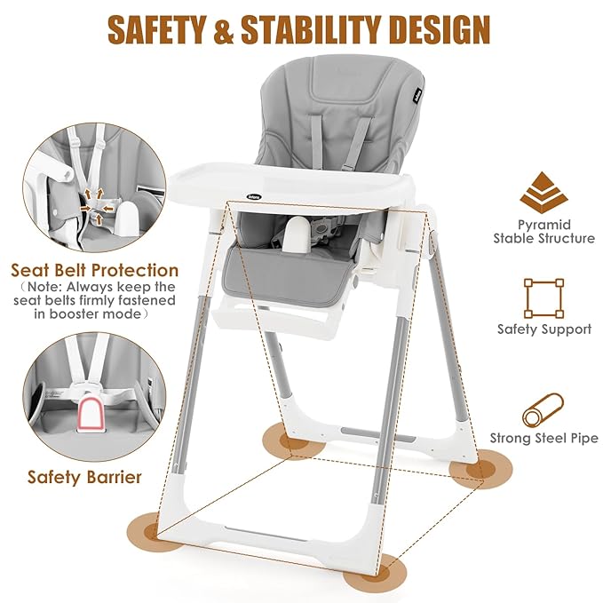 INFANS High Chair for Babies & Toddlers, Foldable Highchair with Multiple Adjustable Backrest Footrest Seat Height, Removable Tray, Detachable PU Leather Cushion Wheels (with Booster, Light Grey)-BubblyBeeBaby