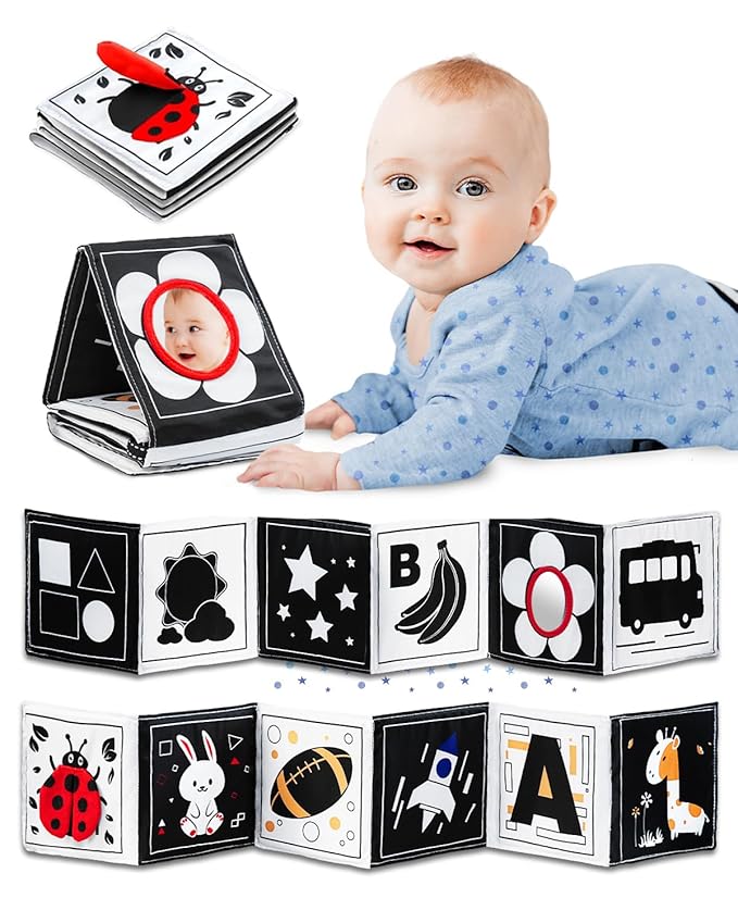 Infinno High Contrast Baby Toys for Newborn, Tummy Time Mirror Black and White Toys for 0-6 Months, Visual Sensory for Infant 0-3-6 Months, Newborn Baby Registry Essential Stuffers-BubblyBeeBaby