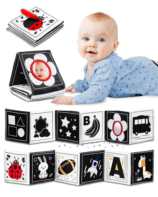 Infinno High Contrast Baby Toys for Newborn, Tummy Time Mirror Black and White Toys for 0-6 Months, Visual Sensory for Infant 0-3-6 Months, Newborn Baby Registry Essential Stuffers-BubblyBeeBaby