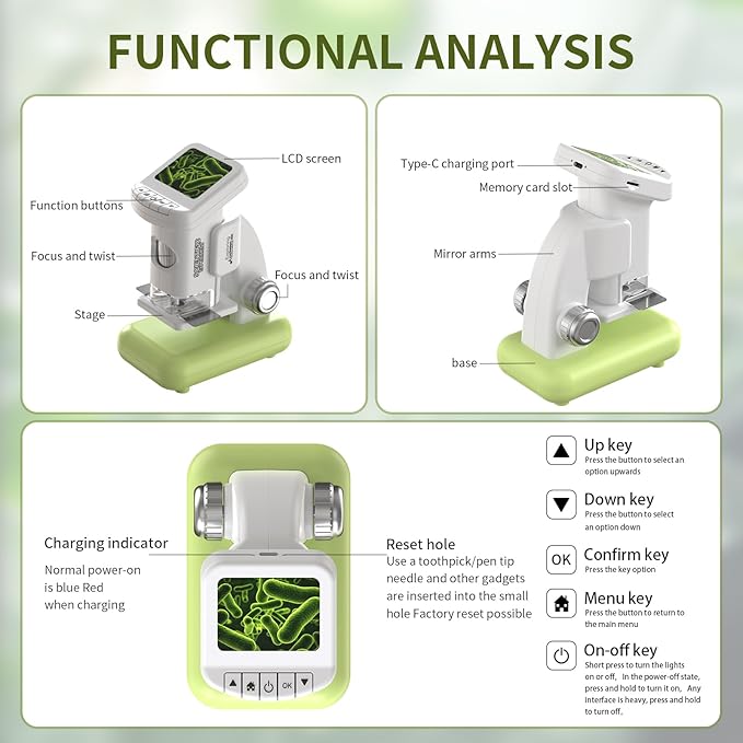 1200X Microscope for Kids with 2 inch Screen STEM Digital Science Kit Rechargeable Handheld Mini Pocket Children Students Slides Portable Gift for Kids Ages 6 to 12 (Green)-BubblyBeeBaby
