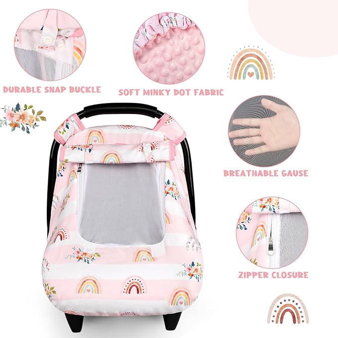 Pea Pod Car Seat Cover Baby, Infant Car Seat Canopy Covers for Newborn with 2 Layers Windows of Breathable Mesh Fabric, Lightweight Polyester/Soft Minky Dot Backing (Floral & Rainbow)-BubblyBeeBaby