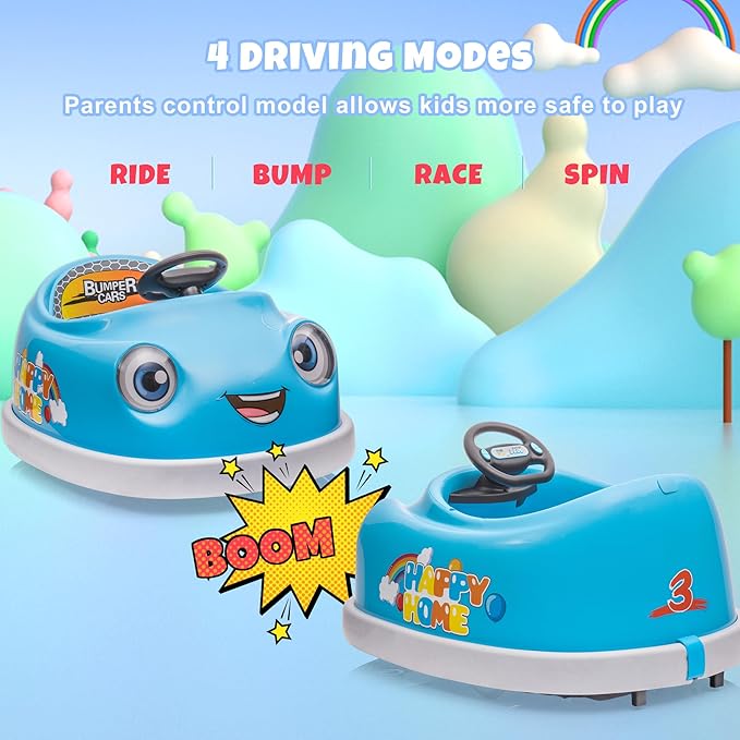 12V Dual Battery Electric Ride on Kids Bumper Car w/Remote Control,360 Degree Spin,Push Rod Rocker Horse Function,3-Speeds Babies & Toddlers Bumping Car Ride on Toy Gift for 1-4 Years Children (Blue)-BubblyBeeBaby
