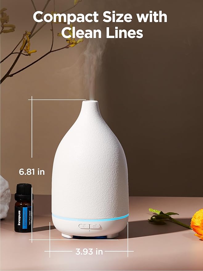 InnoGear Oil Diffuser, 150ML Ceramic Diffuser for Essential Oils Handcrafted Aromatherapy Diffuser Ultrasonic Cool Mist Humidifier with 2 Mist Modes Waterless Auto Off for Room Office, White Base-BubblyBeeBaby