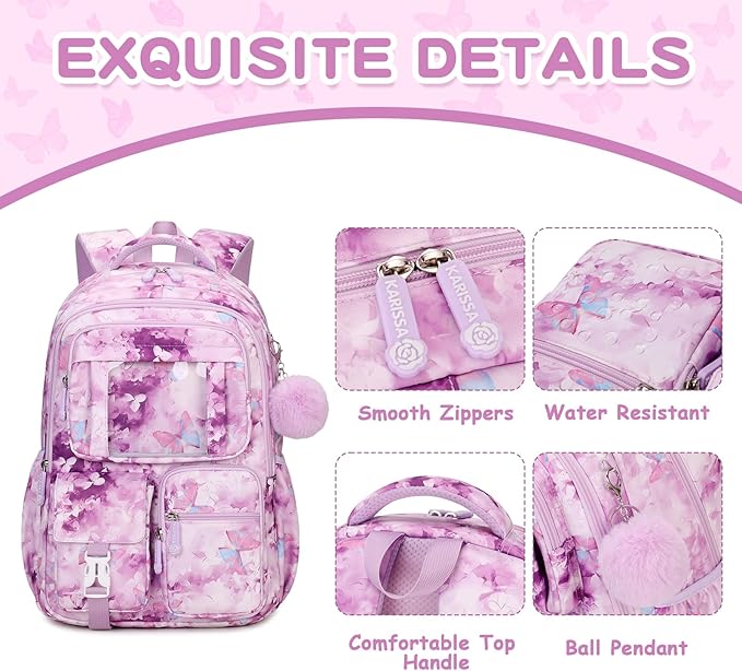 Kids Backpack for Girls School Bags for Middle School Students Book Bag for Elementary Primary Kawaii Ita Backpack, Purple Butterfly-BubblyBeeBaby