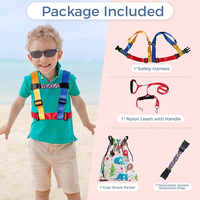 JXM Safety Harness Leash for Autism and Special Needs Child (3-6 yrs), Child Adjustable Elopement Harness with Emergency Grab Handle and Tether, Keep Active Autistic/ADHD Kids Safe and Free Outdoors-BubblyBeeBaby