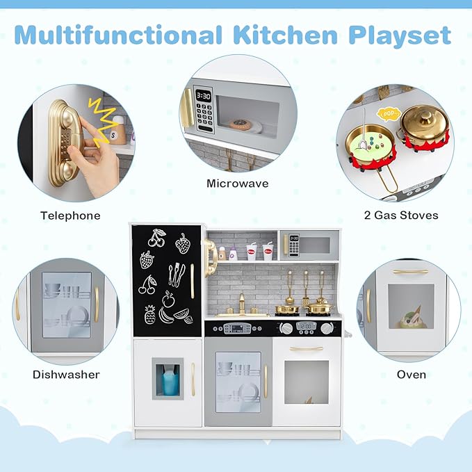 HONEY JOY Kids Kitchen Playset, Wooden Little Chef Pretend Toy Kitchen Set w/Chalkboard, Telephone, Utensils, Oven, Microwave, Sink, Storage, Play Kitchen for Toddlers Boys Girls, White Golden-BubblyBeeBaby