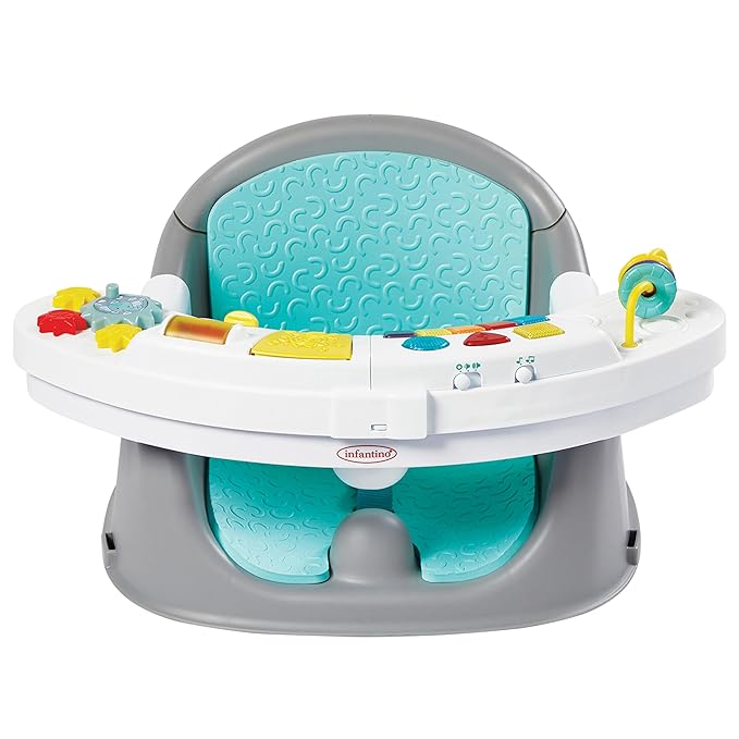 Infantino Music & Lights 3-in-1 Discovery Seat & Booster, Toddler Booster Seat for Dining Table or Kitchen Chair, Baby Activity Center & Snack Tray, Teal-BubblyBeeBaby