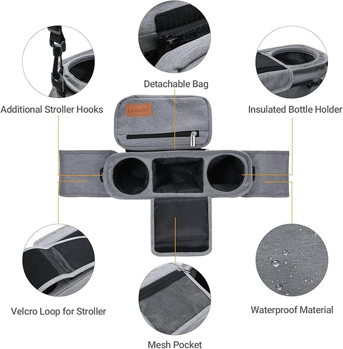 Momcozy Universal Stroller Organizer with Insulated Cup Holder Detachable Phone Bag & Shoulder Strap, Fits for Stroller like Uppababy, Baby Jogger, Britax, BOB, Umbrella and Pet Stroller-BubblyBeeBaby