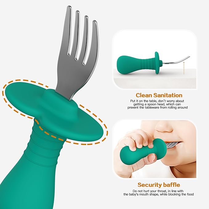 2 Pcs Baby Forks Toddler Forks for Self Feeding, Kids Forks with Silicone Round Handle, Stainless Steel Toddler Utensils Children Safe Silverware Set, Anti-Choke Design, BPA Free-BubblyBeeBaby