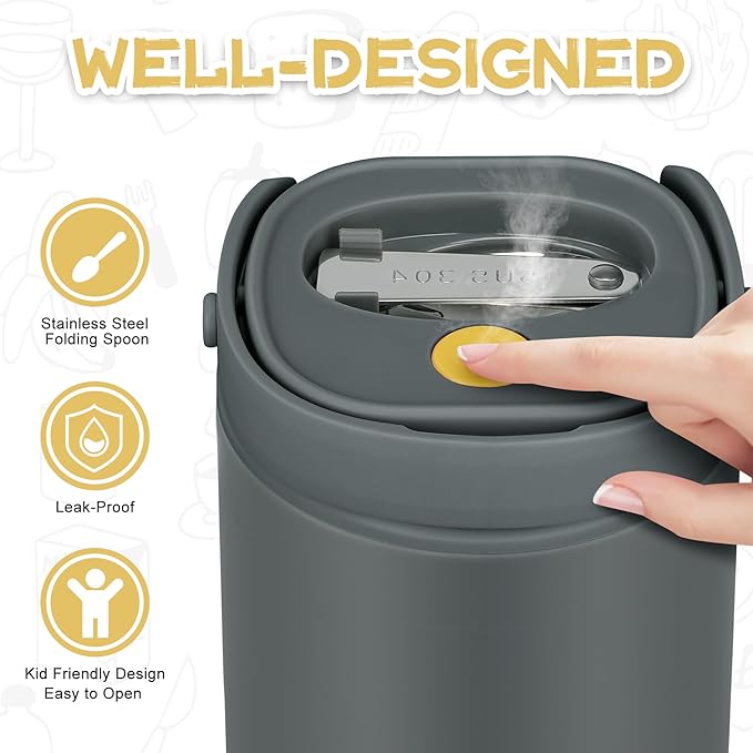 2 - in - 1 Soup Thermo for Hot Food 14oz with Snack Box Container Leak Proof Insulated Lunch Container Kids and Adults Stainless Steel Double Wall Vacuum Wide-mouth Thermal with Spoon and Handle-BubblyBeeBaby