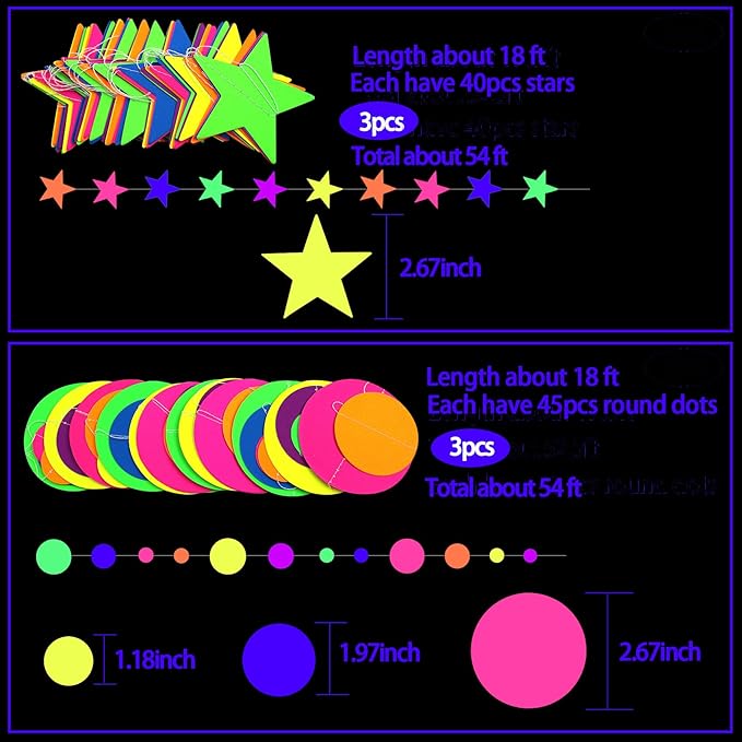 108feet UV Round Dot Star Kit Neon Paper Garland Glow in The Dark Party Favors Streamers Banner for Black Party Supplies UV Reactive Circle Dot Star Garland Wedding Birthday Glow Party Supplies…-BubblyBeeBaby