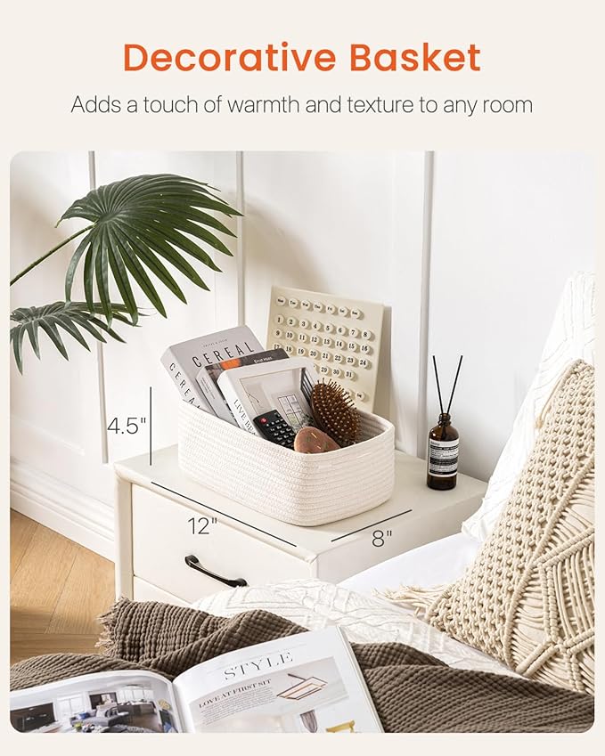 KALLAX Small Woven Basket, 12 x 8 x 4.5 Inches, Storage Basket for Organizing, Cute Small Rope Shelf Closet Cube Storage Bins Baskets for Shelves, Dog Toy Gift Baskets Empty, 3 Packs, Off White-BubblyBeeBaby