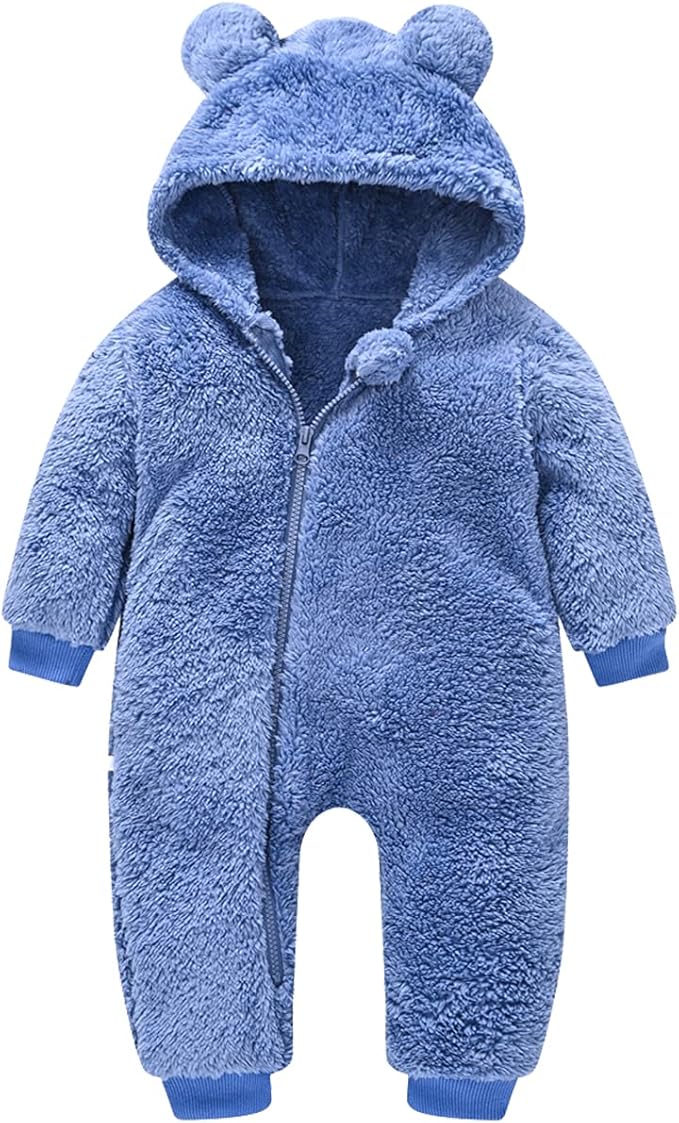 Baby Fleece Jumpsuits Infant Bear Ear Snowsuit Newborn Hooded Romper Warm Coat-BubblyBeeBaby