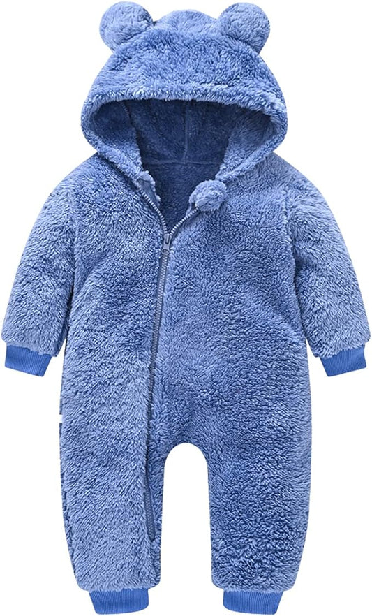 Baby Fleece Jumpsuits Infant Bear Ear Snowsuit Newborn Hooded Romper Warm Coat-BubblyBeeBaby