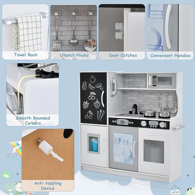 HONEY JOY Kids Kitchen Playset, Wooden Little Chef Pretend Toy Kitchen Set w/Chalkboard, Telephone, Utensils, Oven, Microwave, Sink, Storage, Play Kitchen for Toddlers, Gift for Boys Girls, White-BubblyBeeBaby