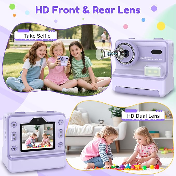 Instant Camera, Instant Print Camera for Kids with 1080P Videos, Front Rear Dual Selfie, 3 Rolls Print Paper & 32GB SD Cards, Christmas Birthday Gifts for Girls Age 3-12-BubblyBeeBaby