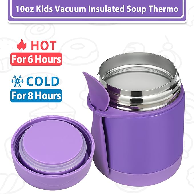 10oz Soup Thermo for Hot Food Kids,Lunch Thermo Kids Food Jar with Spoon Hot Insulated Food Containers,Leak Proof Stainless Steel Wide Mouth Lunch Food Thermo Jar for School(Purple)-BubblyBeeBaby