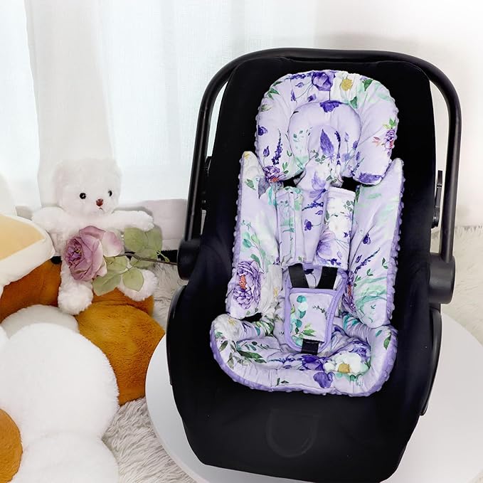 Infant Car Seat Insert and Strap Covers, Very Soft Car Seat Head Support Baby Girl Boy, Reversible Newborn Carseat Insert Cushion Fits for Stroller, Baby Swing, Bouncer (Purple Floral)-BubblyBeeBaby