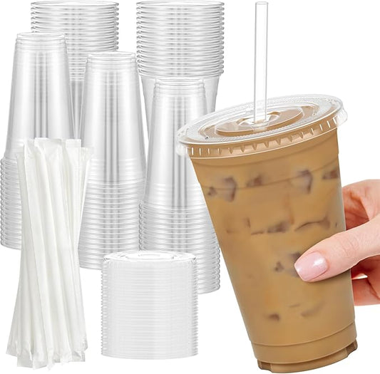 100 Pack - 24 oz Clear Plastic Cups with Lids and Straws, Sturdy & Food Safe Iced Coffee Cups with lids, Disposable Plastic Smoothie Cups for Cold Drinks-BubblyBeeBaby