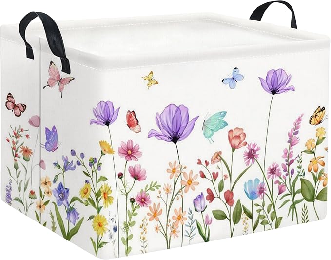 HIYAGON Rectangular Baby Girl Basket Kids Baby Storage Basket Toy Storage Bin Organizer Box Room Decor(Purple Flower)-BubblyBeeBaby