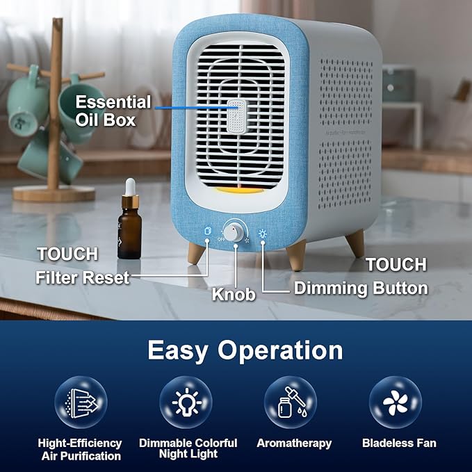 Jafanda Air Purifier for Home Bedroom 780sq ft, HEPA & Activated Carbon, Air Cleaner with Fragrance Sponge & Nightlight for Smoke, Allergies, Dust, Odor, VOC, Pet Dander, Pollen, Office, Desktop,Blue-BubblyBeeBaby