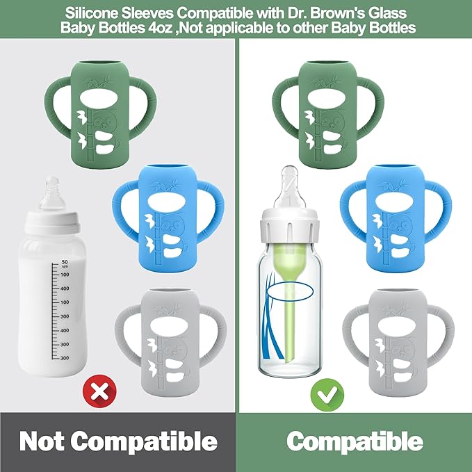 BUSOHA 3 Pack Silicone Sleeves for Dr. Brown's Glass Baby Bottles - Drop Protection Baby Bottle Sleeves Compatible with Dr. Brown's Newborn Glass Bottles with Silicone Handles,4 oz-BubblyBeeBaby
