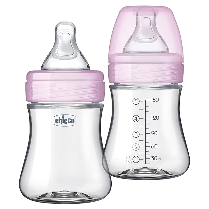Chicco Duo 5oz. Hybrid Baby Bottle with Invinci-Glass Inside and Plastic Outside | Dishwasher, Bottle Warmer, and Electric Sterilizer Safe | Intui-Latch Nipple | Clear/Grey, 2pk-BubblyBeeBaby