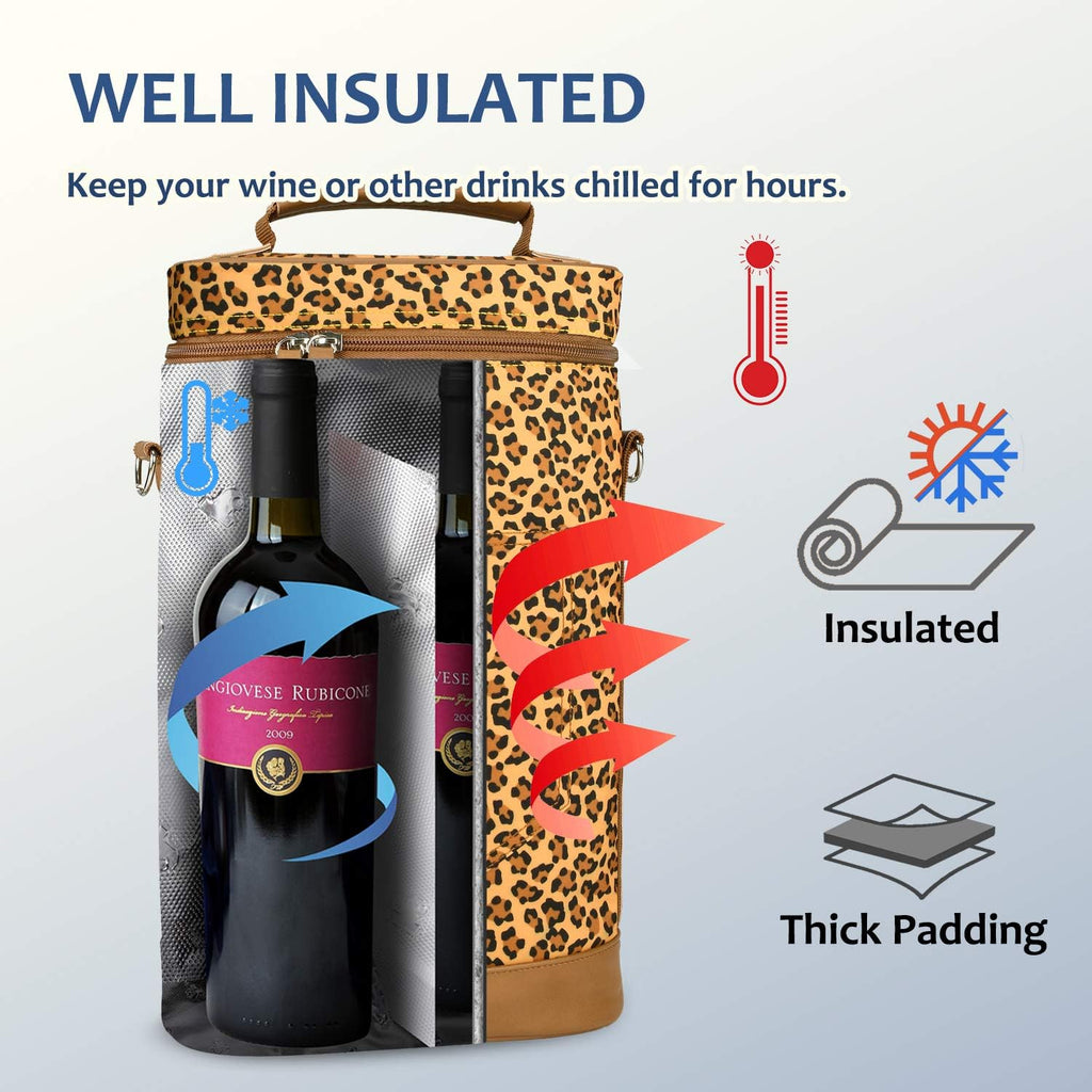Tirrinia 2 Bottle Wine Gift Tote Carrier - Leakproof & Insulated Padded Versatile Wine Cooler Bag for Travel, BYOB Restaurant, Wine Tasting, Party, Dinner,Gift for Wine Lovers, Cheetah