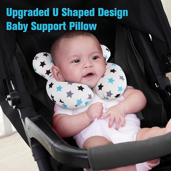 KAKIBLIN Baby Neck Pillow, Upgraded Baby Support Pillow, Head Pillows for Carseat, Newborn Neck Support for Car Seat,Pushchair,Travel (White Star)-BubblyBeeBaby