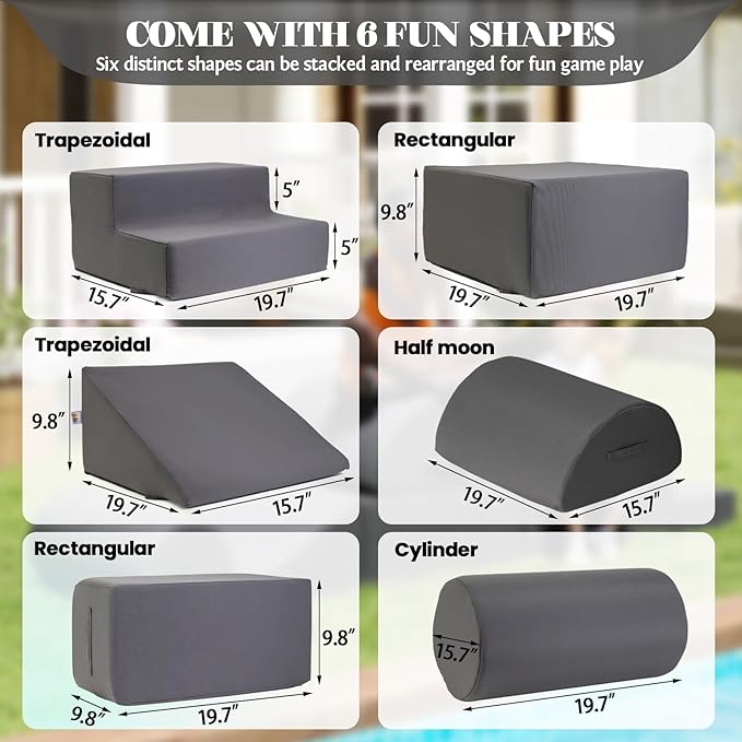 jela Foam Blocks 6Pcs Soft Play Equipment Waterproof Fabric, UV Resistant Toddler Climbing Toys Indoor& Outdoor Soft Play Climbing for Toddlers, Lightweight Climbing Blocks for Babies, Kids (Darkgrey)-BubblyBeeBaby