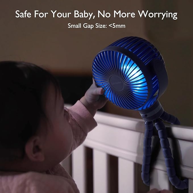 Momcozy Portable Stroller Fan, 8000mAh, 27H Ultra-long Battery Life, Detachable 4 Speed 360°Rotate, LED Night Light with 2 Modes, USB Rechargeable Handheld Cooling Fan for Travel, Car Seat, Bedroom-BubblyBeeBaby