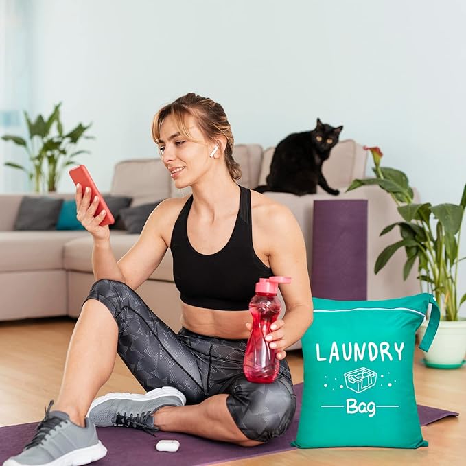 2 Pcs Large Travel Laundry Bags - Waterproof Wet/Dry, Washable, Drawstring, Bathing Suit, Workout, Gym Clothes, Swimming, Yoga - Green, Grey-BubblyBeeBaby