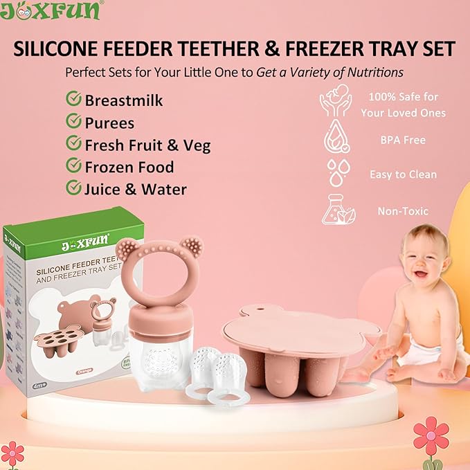 JEXFUN Baby Breastmilk Popsicle Molds & Baby Fruit Food Feeder Pacifier Combo, BPA Free Silicone Nibble Freezer Tray Storage Containers Teething Toys for Safe Infant Self Feeding, 4 Month+(Orange)-BubblyBeeBaby