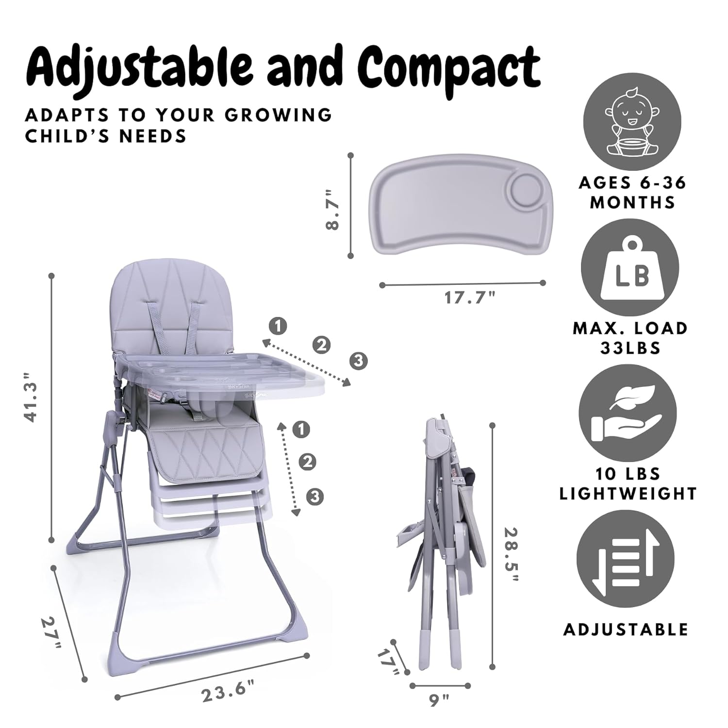 Foldable Baby High Chair with Easy Clean Double-Layer Tray, Adjustable Foot Rest, Safety First 5 Point Harness, Compact Space Saver Baby Feeding Chair Portable for Travel